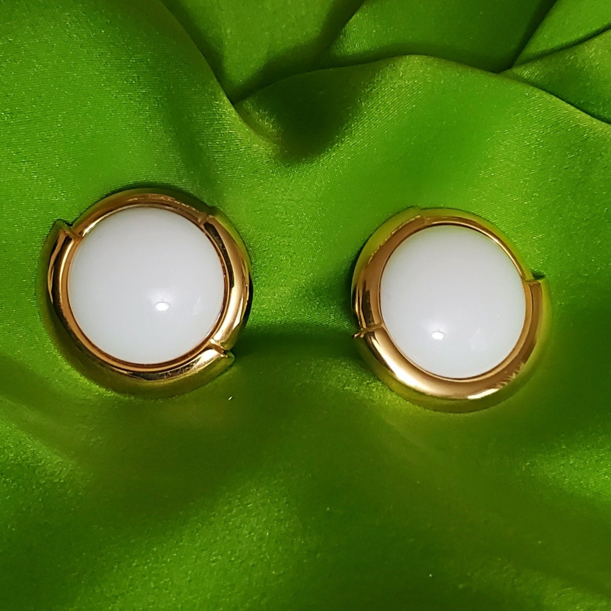 Large MONET Milk Glass Gold Tone Button Clip On Earrings