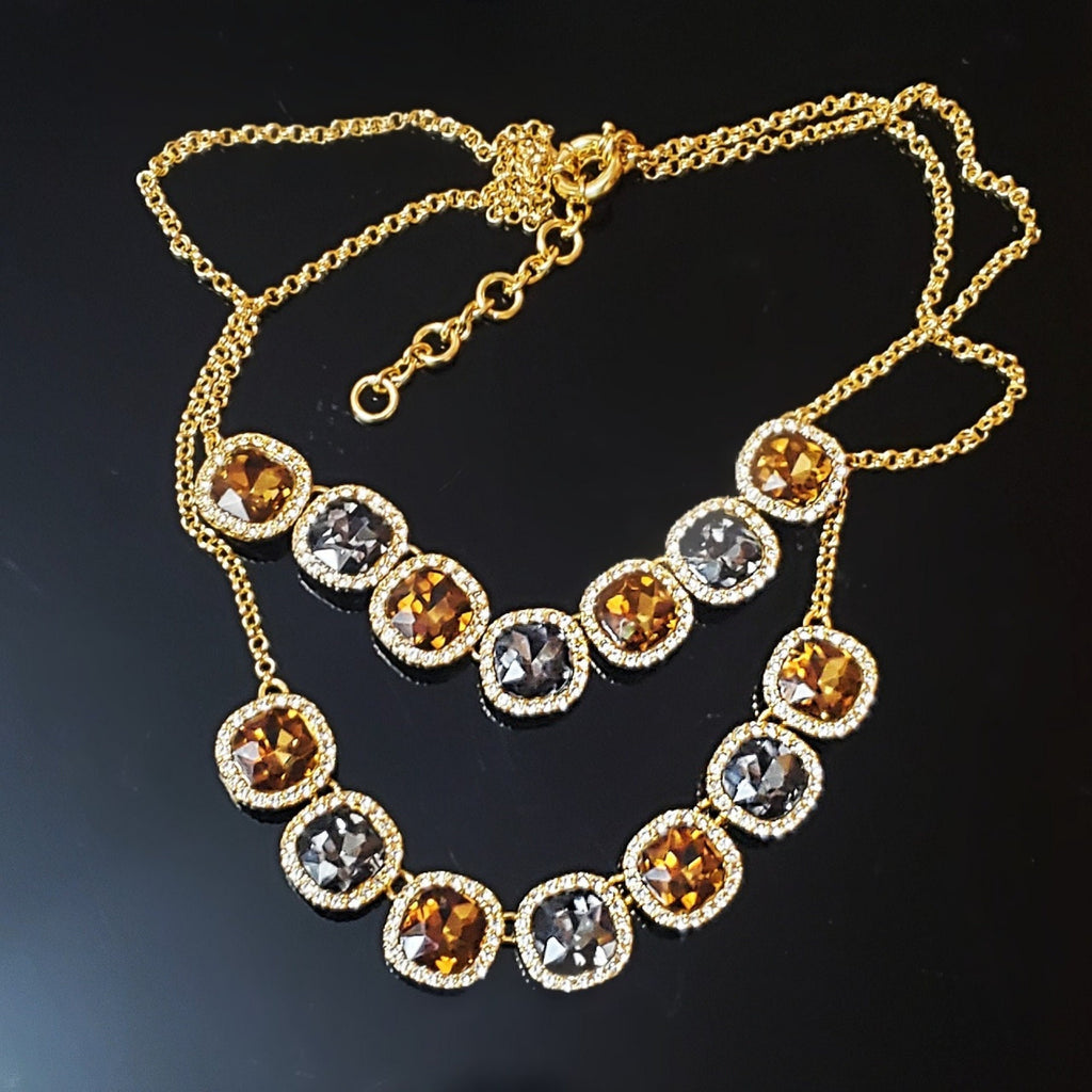 Stunning Smokey Quartz Crystal Gold Plated Double Strand Necklace