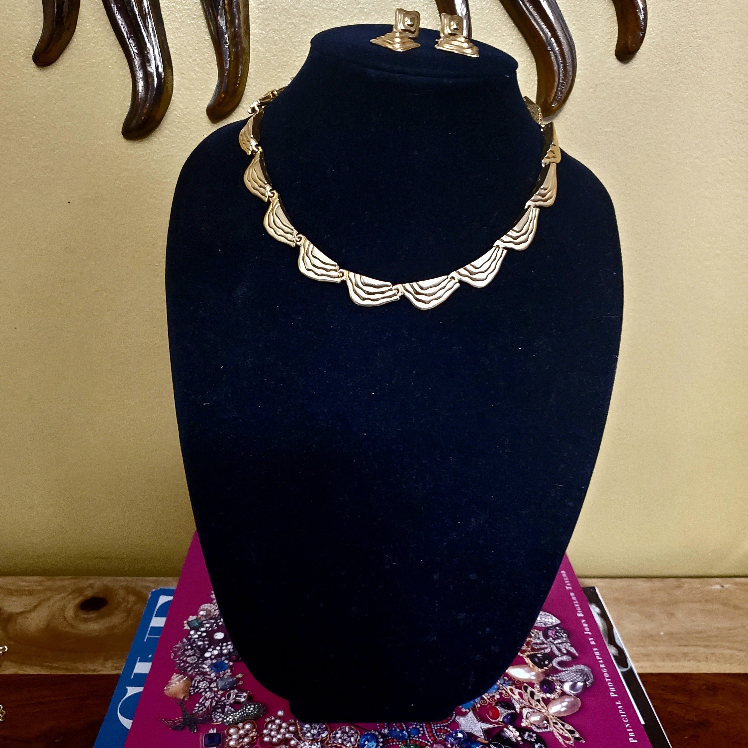 Etruscan Revival Matt Finish Gold Plate Vintage Necklace Earrings Set