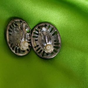 Etruscan Revival Blue Cabochon Oval Disc Silver Tone Vintage Clip On Earrings