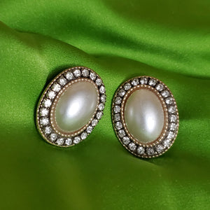 Large Faux Pearl Rhinestone Stud Gold Tone Clip On Earrings Bride Earrings Bridesmaid Wedding Jewelry