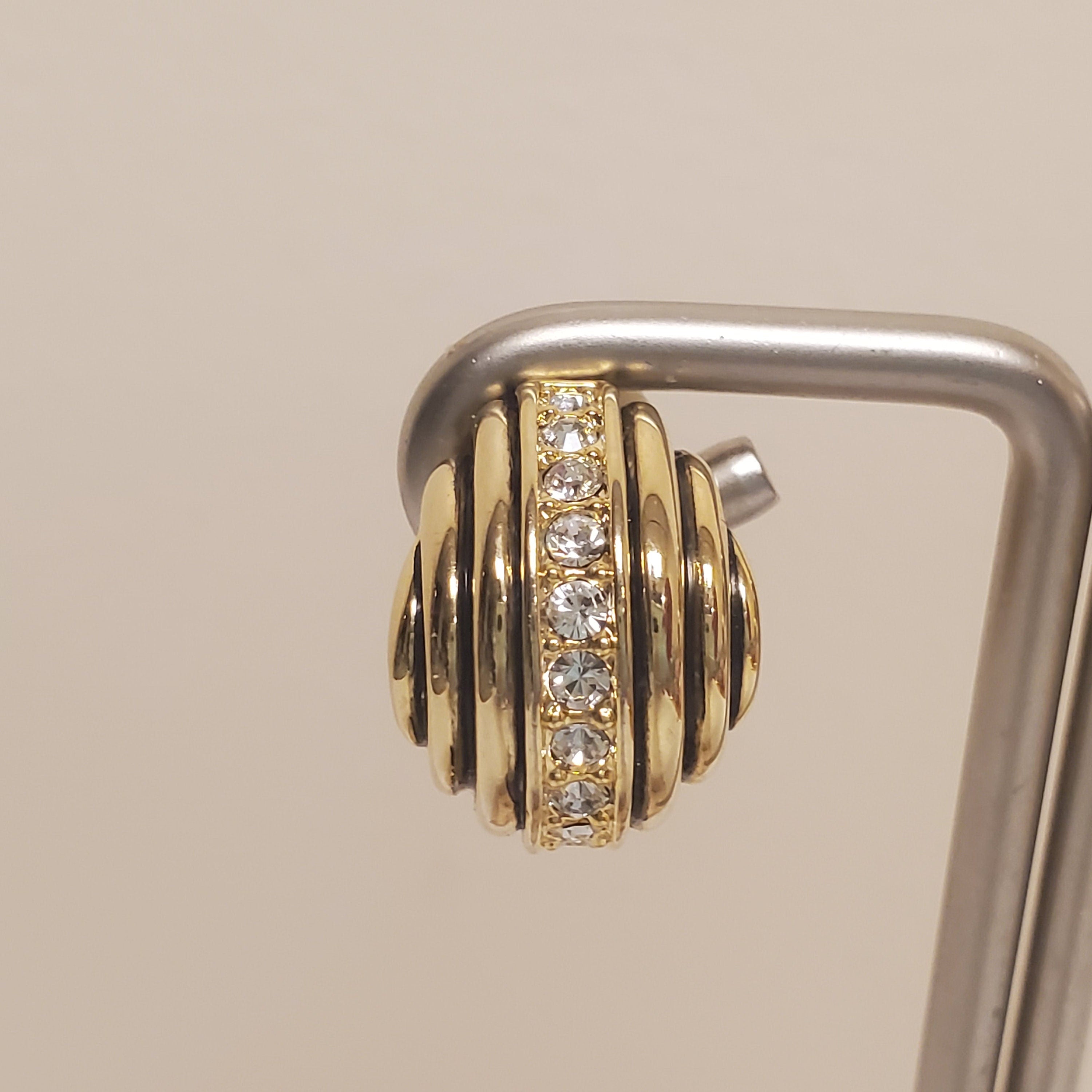 Beautiful Black Strip Enamel Zircon Crystal Gold Tone Petite Clip On Stud Earrings