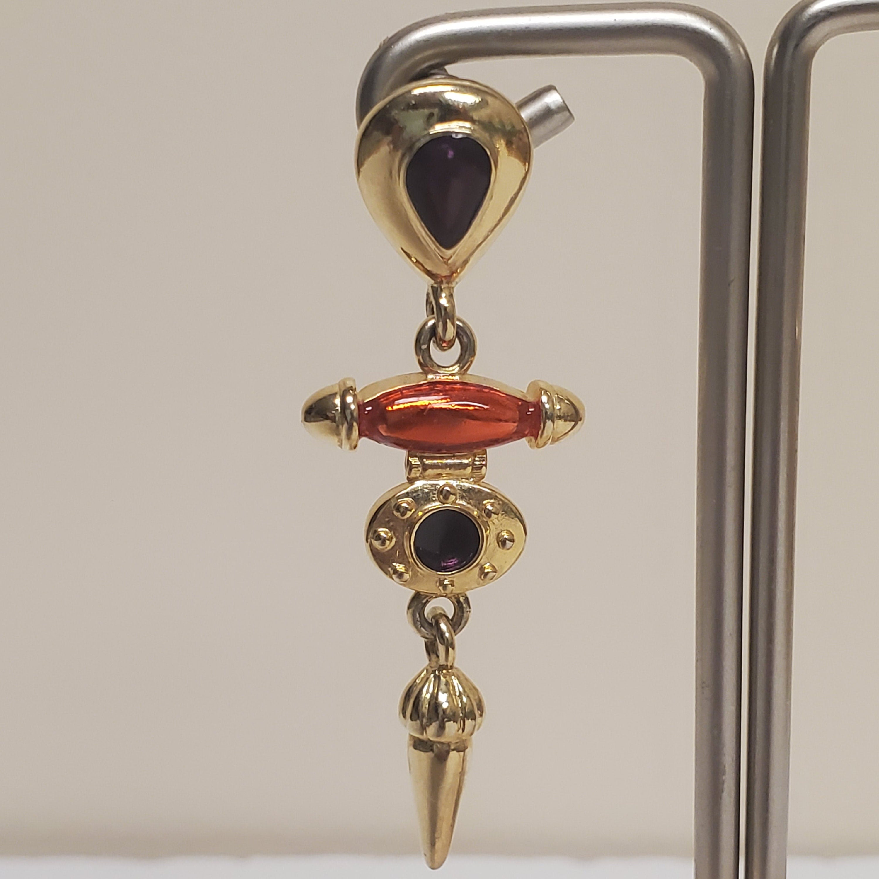 Etruscan Revival Purple Cabochon Gold Plated Enamel Dangle Drop Vintage Earrings