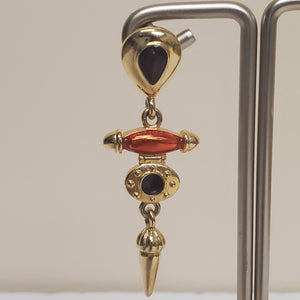 Etruscan Revival Purple Cabochon Gold Plated Enamel Dangle Drop Vintage Earrings