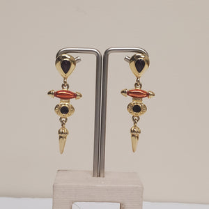 Etruscan Revival Purple Cabochon Gold Plated Enamel Dangle Drop Vintage Earrings