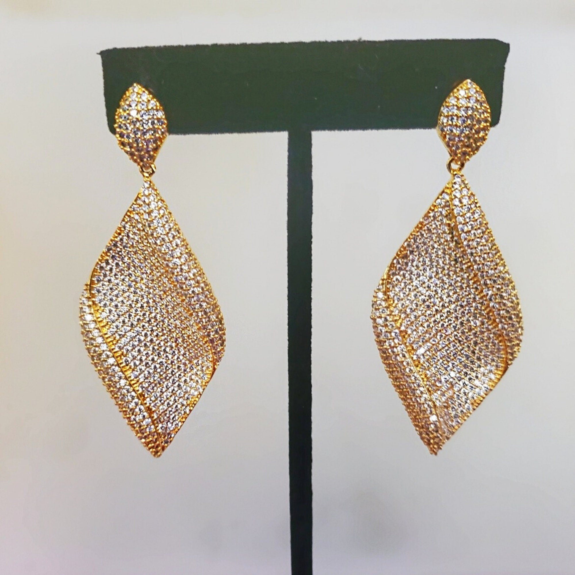 Stunning! Teardrop 18K Yellow Gold Plated Pave Stones Earrings - Couture, Bridal Earrings, Wedding Statement Earrings