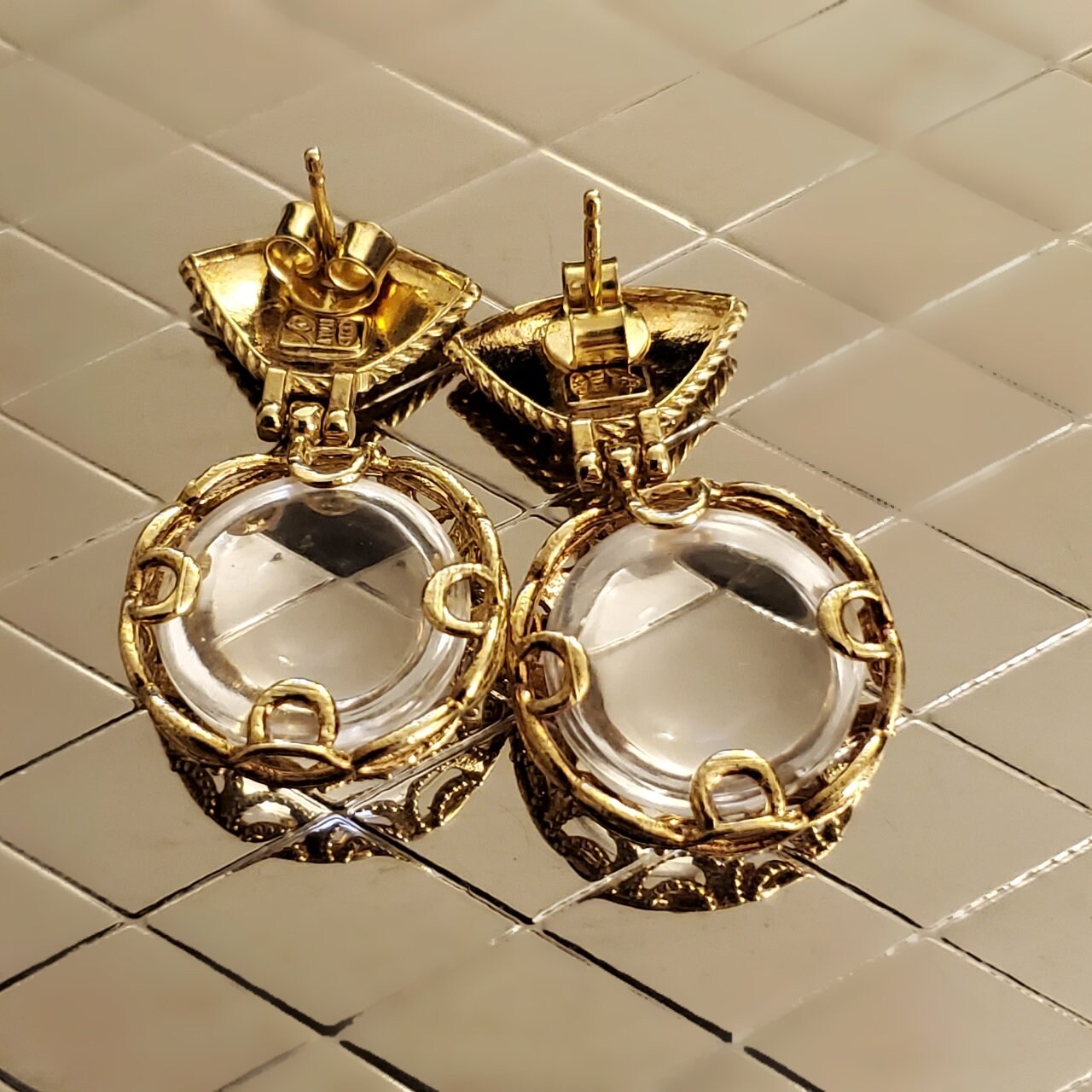 Stunning Etruscan MILOR Italy Gold Vermeil Quartz Drop Earrings 18K Gold Over 925 Sterling