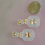 18K Emerald Cut White Yellow Gold Plated Citrine Pave Illusion Stones Dangling Drop Earrings, Wedding Earrings, Runway, Couture