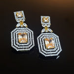 18K Emerald Cut White Yellow Gold Plated Citrine Pave Illusion Stones Dangling Drop Earrings, Wedding Earrings, Runway, Couture
