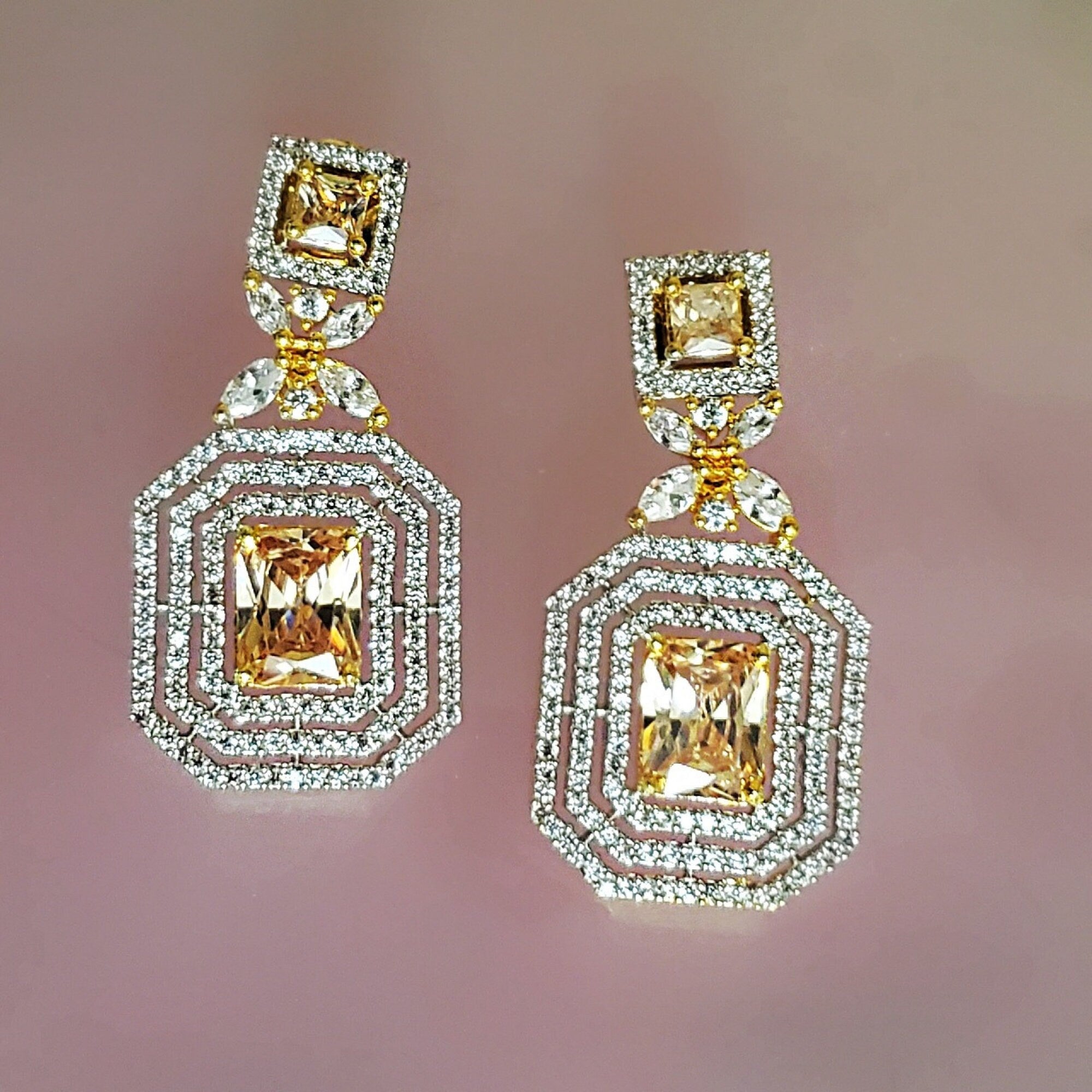 18K Emerald Cut White Yellow Gold Plated Citrine Pave Illusion Stones Dangling Drop Earrings, Wedding Earrings, Runway, Couture