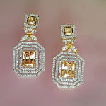 18K Emerald Cut White Yellow Gold Plated Citrine Pave Illusion Stones Dangling Drop Earrings, Wedding Earrings, Runway, Couture