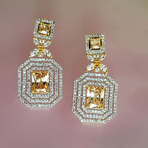 18K Emerald Cut White Yellow Gold Plated Citrine Pave Illusion Stones Dangling Drop Earrings, Wedding Earrings, Runway, Couture