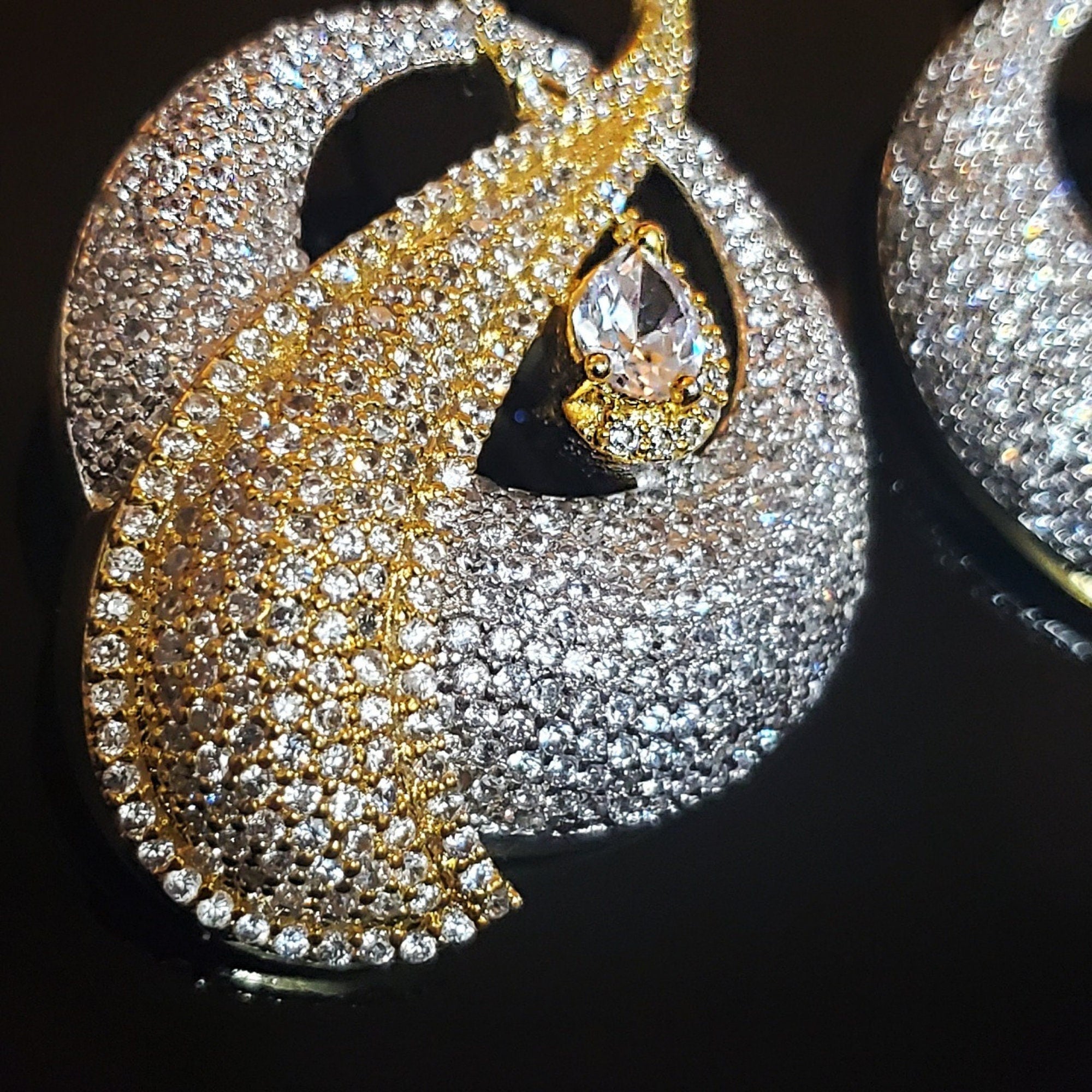 18K White Yellow Gold Plated Pave Illusion Stones Dangling Drop Earrings, Wedding Earrings, Runway, Couture Active