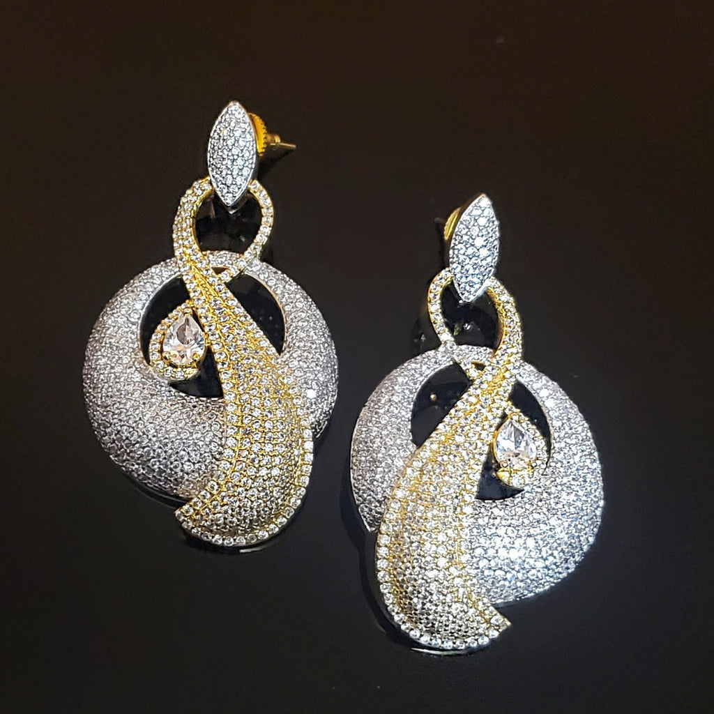 18K White Yellow Gold Plated Pave Illusion Stones Dangling Drop Earrings, Wedding Earrings, Runway, Couture Active