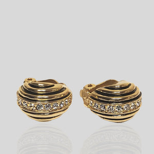 Beautiful Black Strip Enamel Zircon Crystal Gold Tone Petite Clip On Stud Earrings