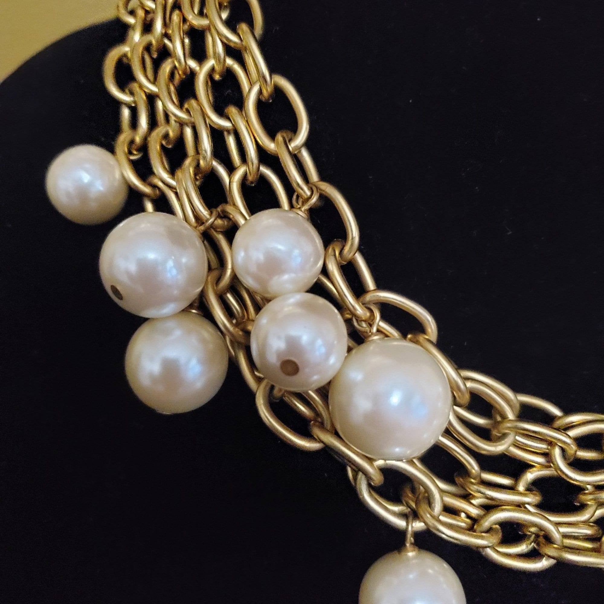 ANNE KLEIN Pearl Charm 5 Strand Choker Gold Plated Dangle Drop Link Necklace  Vintage