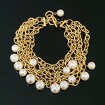 ANNE KLEIN Pearl Charm 5 Strand Choker Gold Plated Dangle Drop Link Necklace Vintage