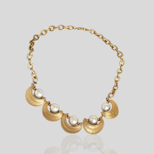 Etruscan Revival Pearl Gold Plated Link Chain Necklace