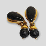 Chic Etruscan Black Glass Cabochon Drop Black Gold Tone Dangle Clip-On Earrings