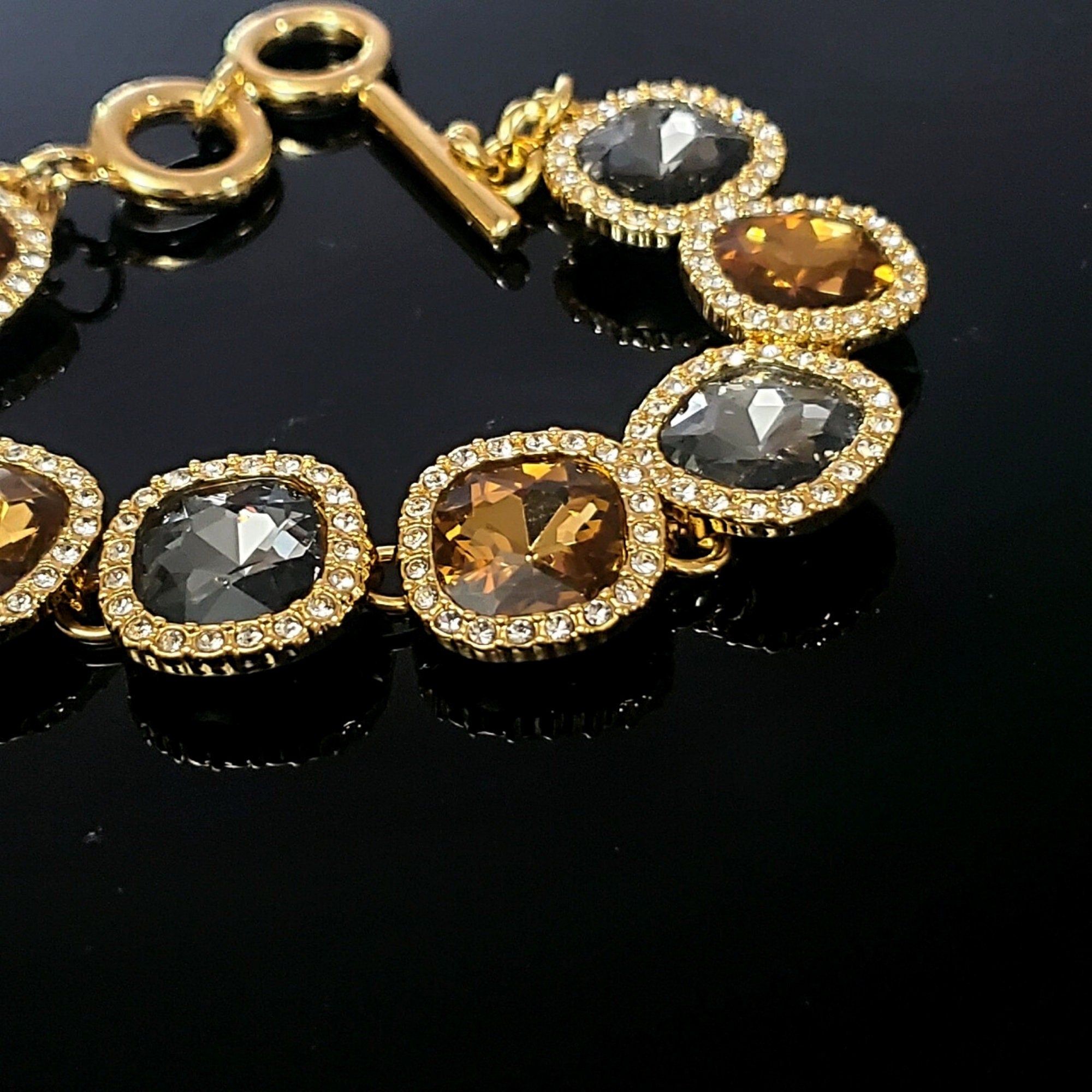 Stunning Smokey Quartz Crystal Gold Plated Bracelet Fits up to 6.5" to 8" Wrist