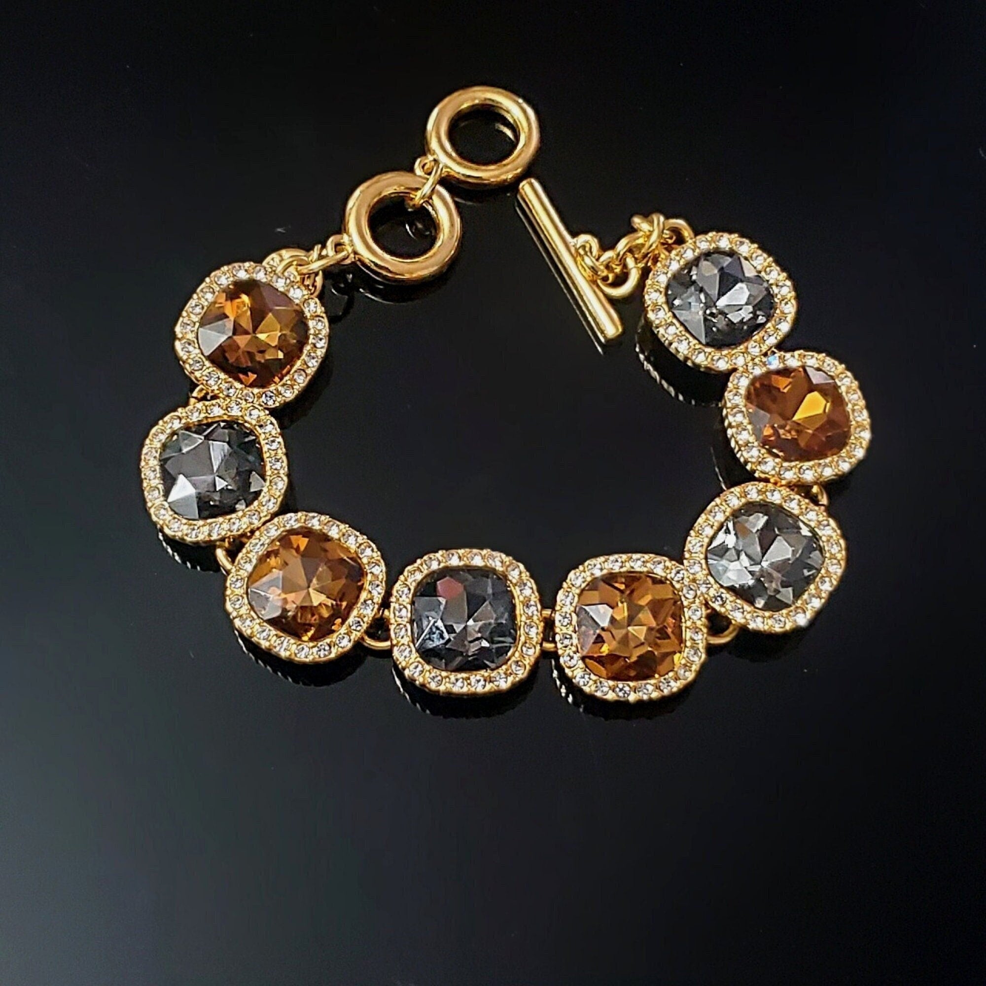 Stunning Smokey Quartz Crystal Gold Plated Bracelet Fits up to 6.5" to 8" Wrist