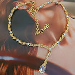 CORO Gold Plated Rhinestone Tennis Choker Necklace, Drop Dangle Vintage Necklace