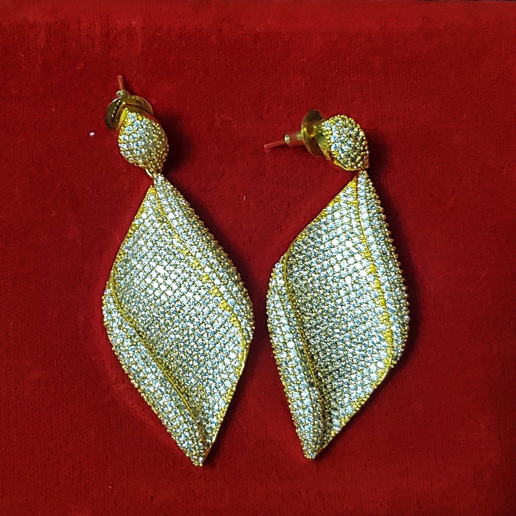Stunning! Teardrop 18K Yellow Gold Plated Pave Stones Earrings - Couture, Bridal Earrings, Wedding Statement Earrings