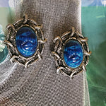 BLUE SCARAB Beetle Eyptian Revival Silvertone Clip On earrings, Beetle Egyptian Earrings