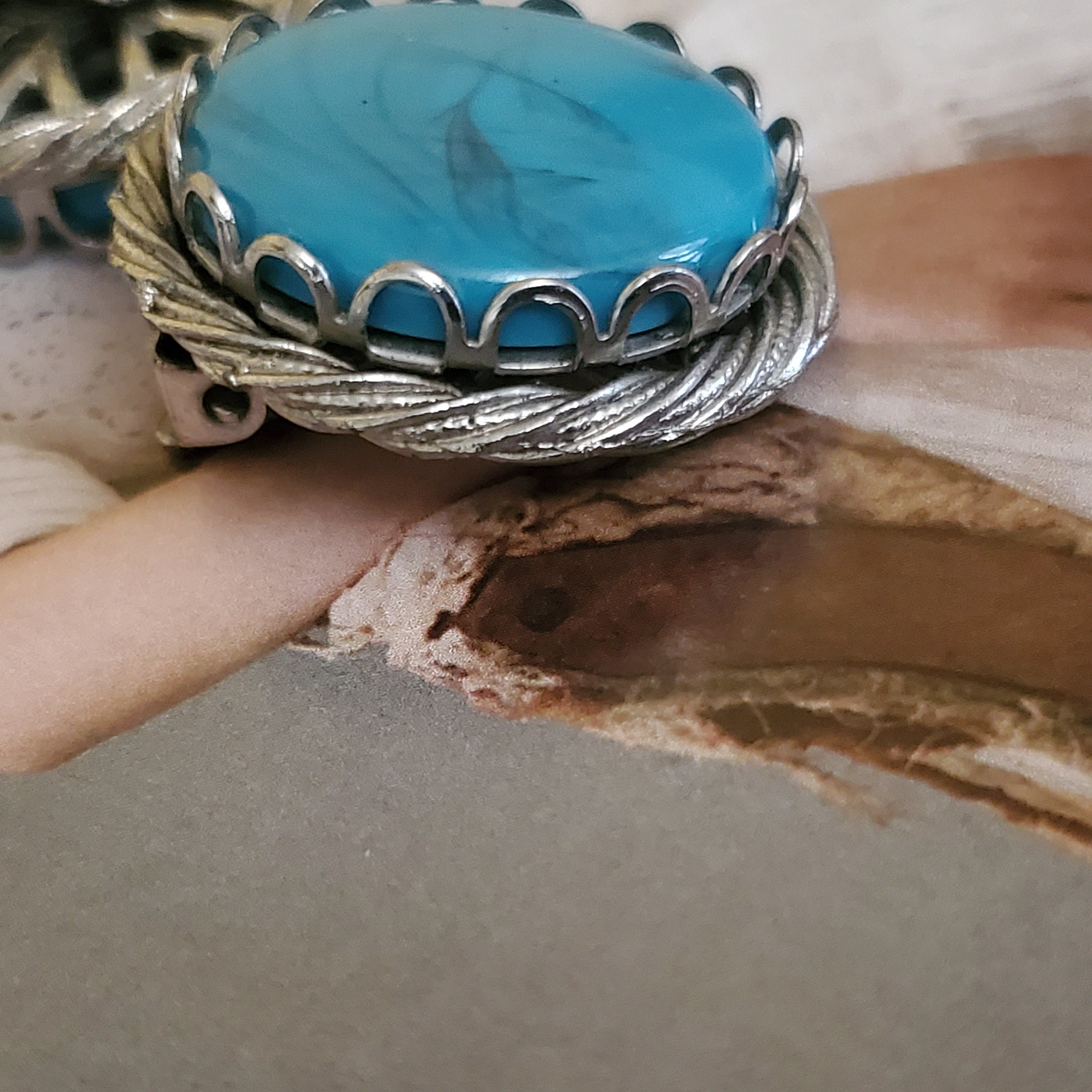 Large Faux Turquoise Silvertone Clip On Vintage Earrings