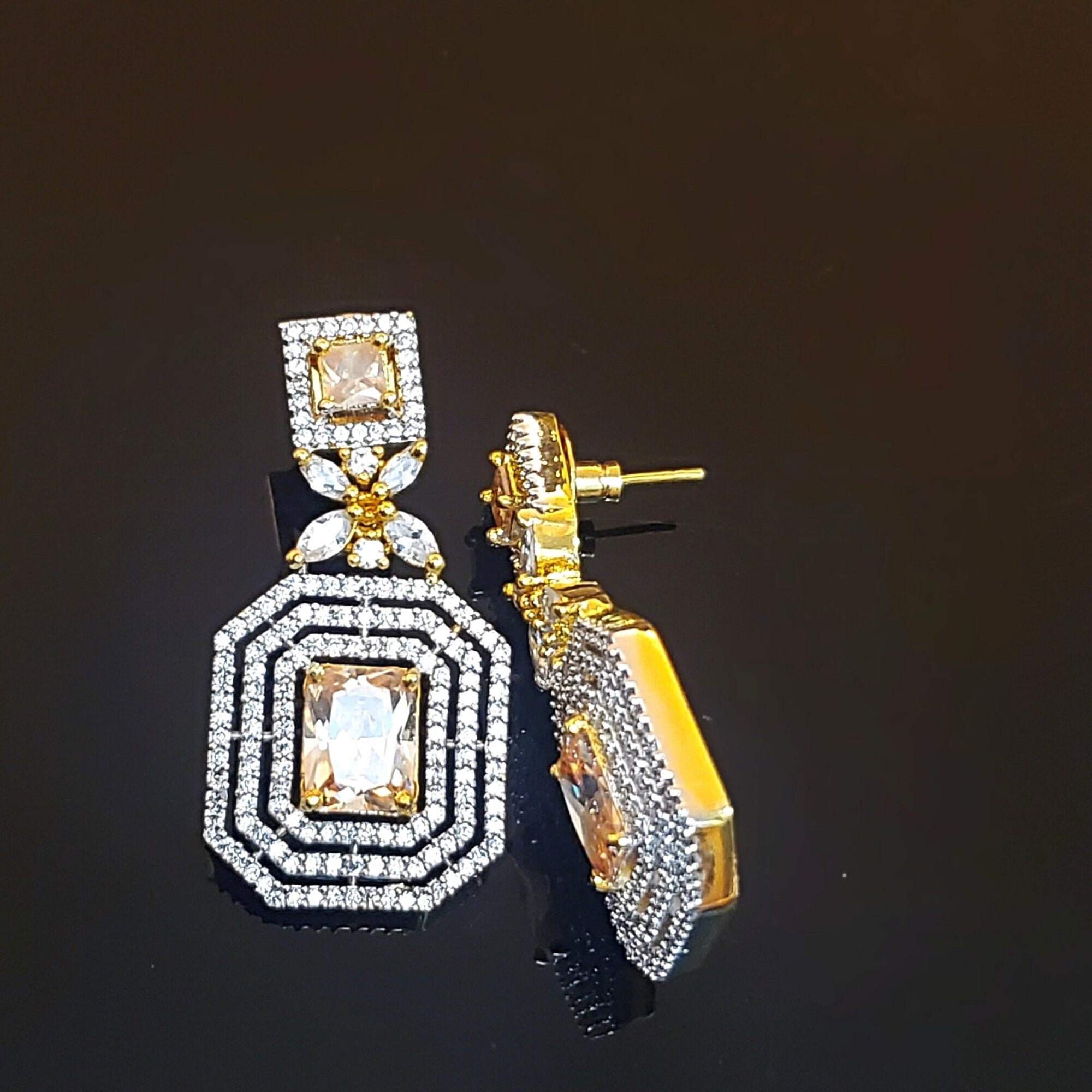 18K Emerald Cut White Yellow Gold Plated Citrine Pave Illusion Stones Dangling Drop Earrings, Wedding Earrings, Runway, Couture