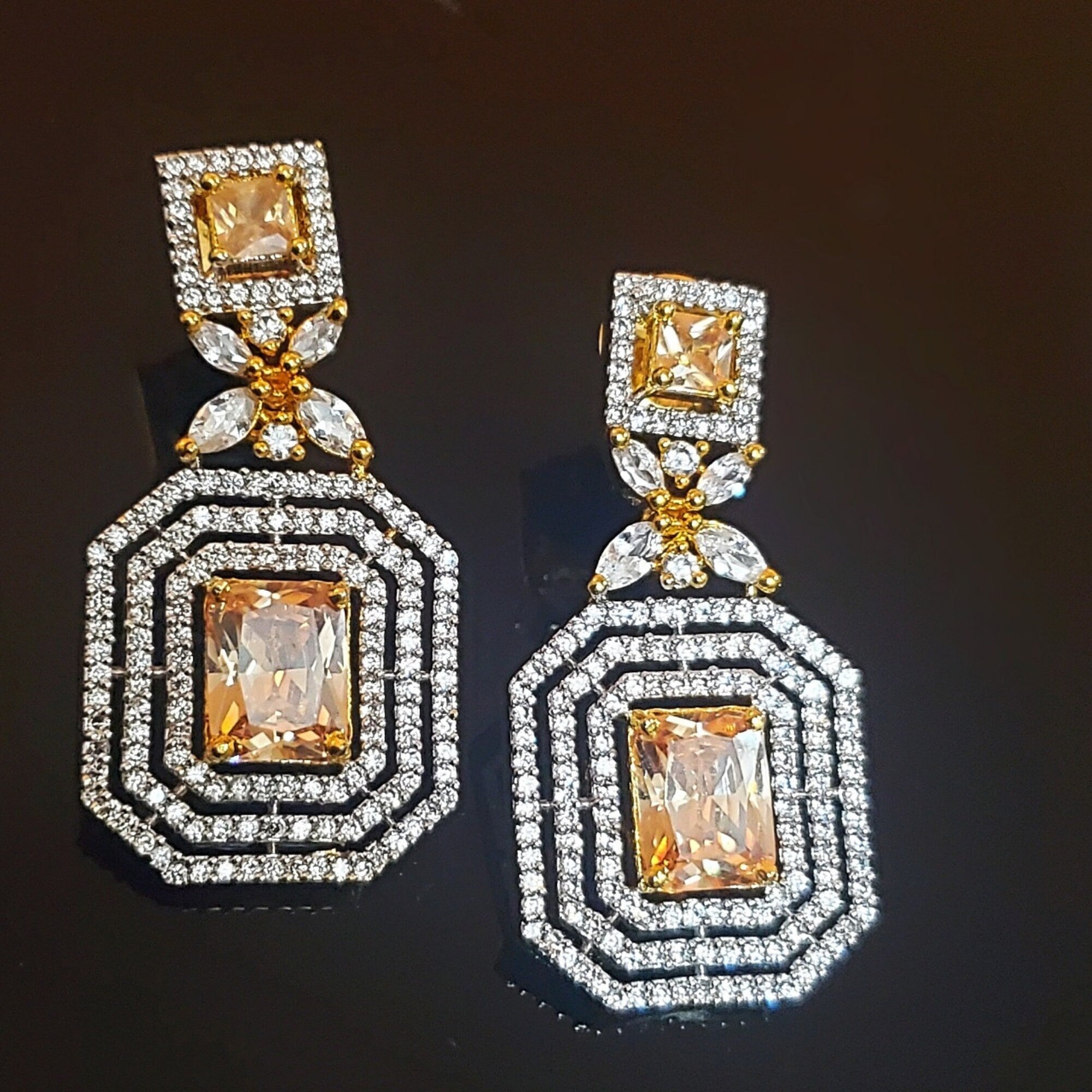 18K Emerald Cut White Yellow Gold Plated Citrine Pave Illusion Stones Dangling Drop Earrings, Wedding Earrings, Runway, Couture