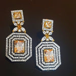 18K Emerald Cut White Yellow Gold Plated Citrine Pave Illusion Stones Dangling Drop Earrings, Wedding Earrings, Runway, Couture