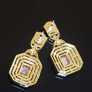 18K Emerald Cut White Yellow Gold Plated Citrine Pave Illusion Stones Dangling Drop Earrings, Wedding Earrings, Runway, Couture