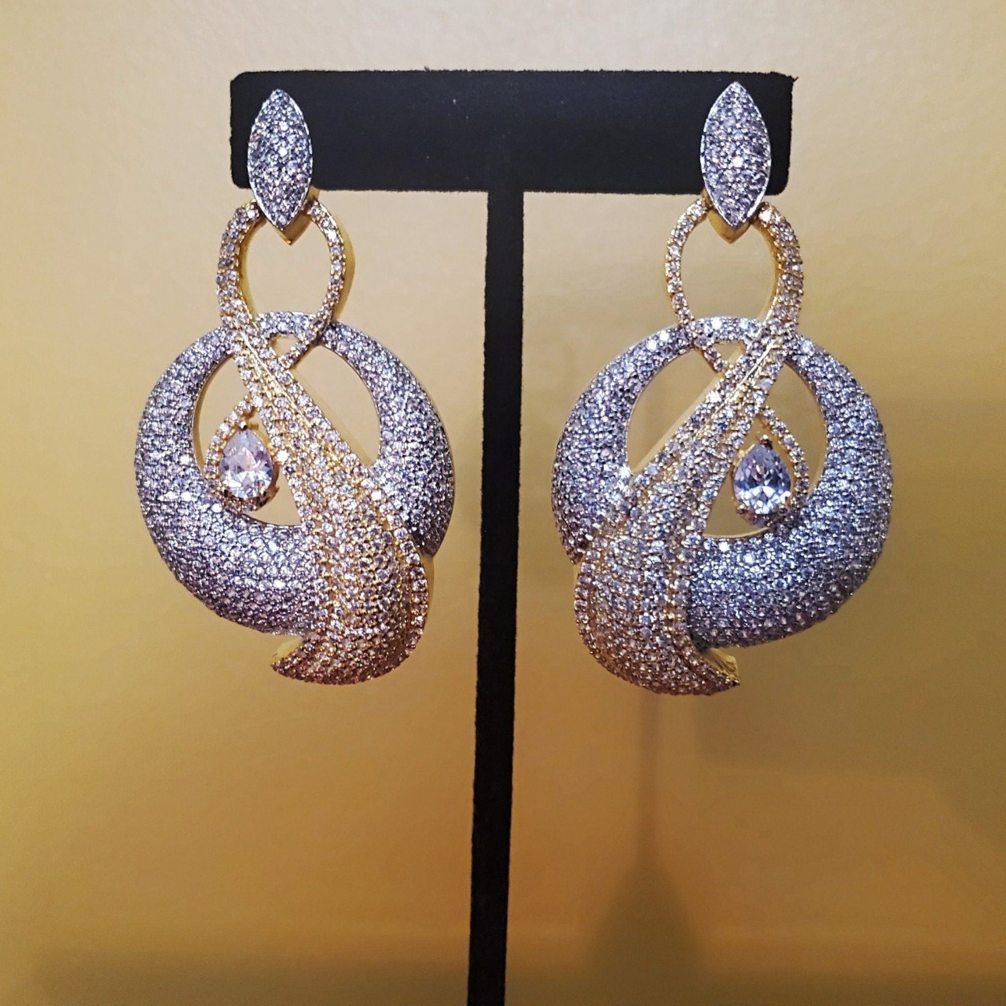18K White Yellow Gold Plated Pave Illusion Stones Dangling Drop Earrings, Wedding Earrings, Runway, Couture Active