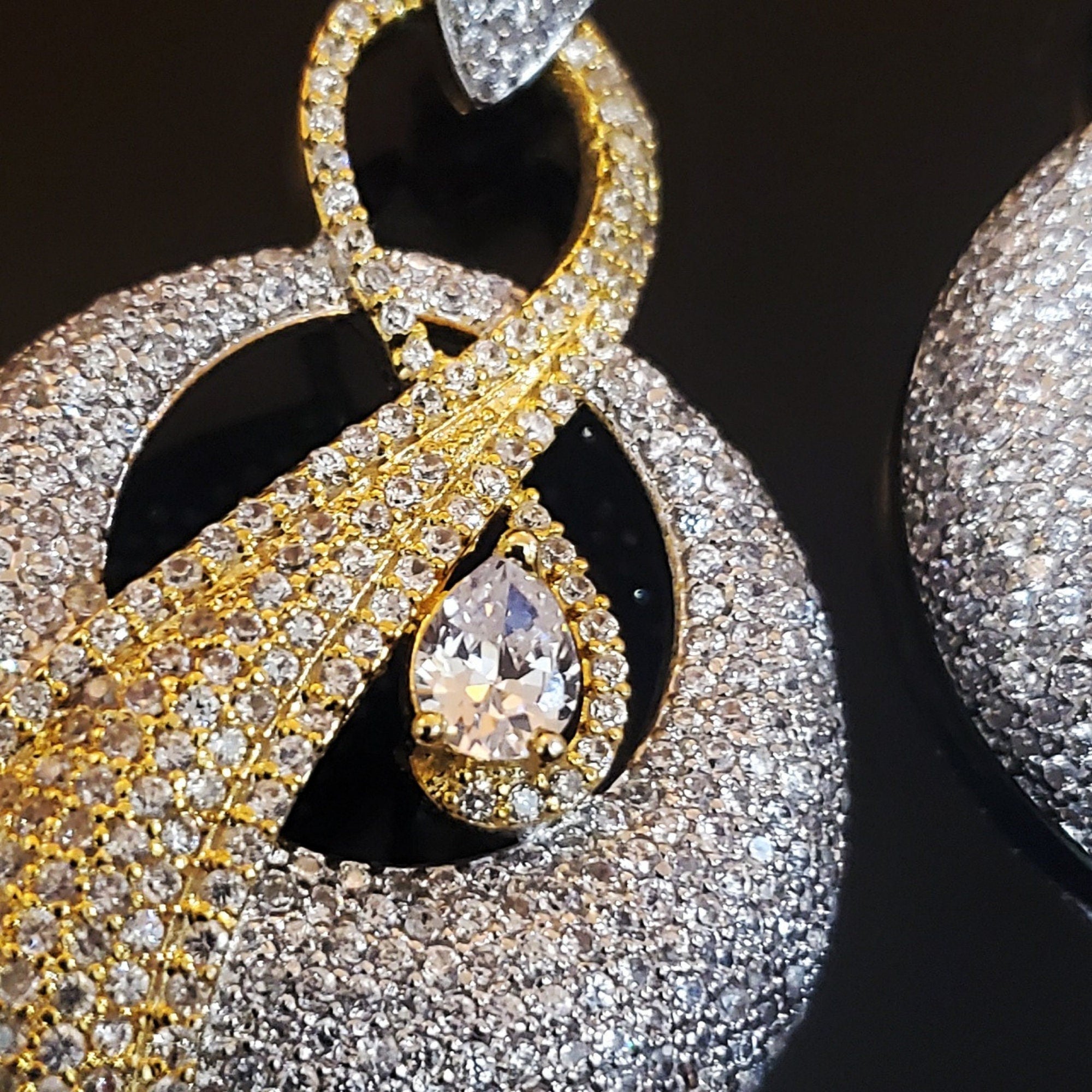 18K White Yellow Gold Plated Pave Illusion Stones Dangling Drop Earrings, Wedding Earrings, Runway, Couture Active