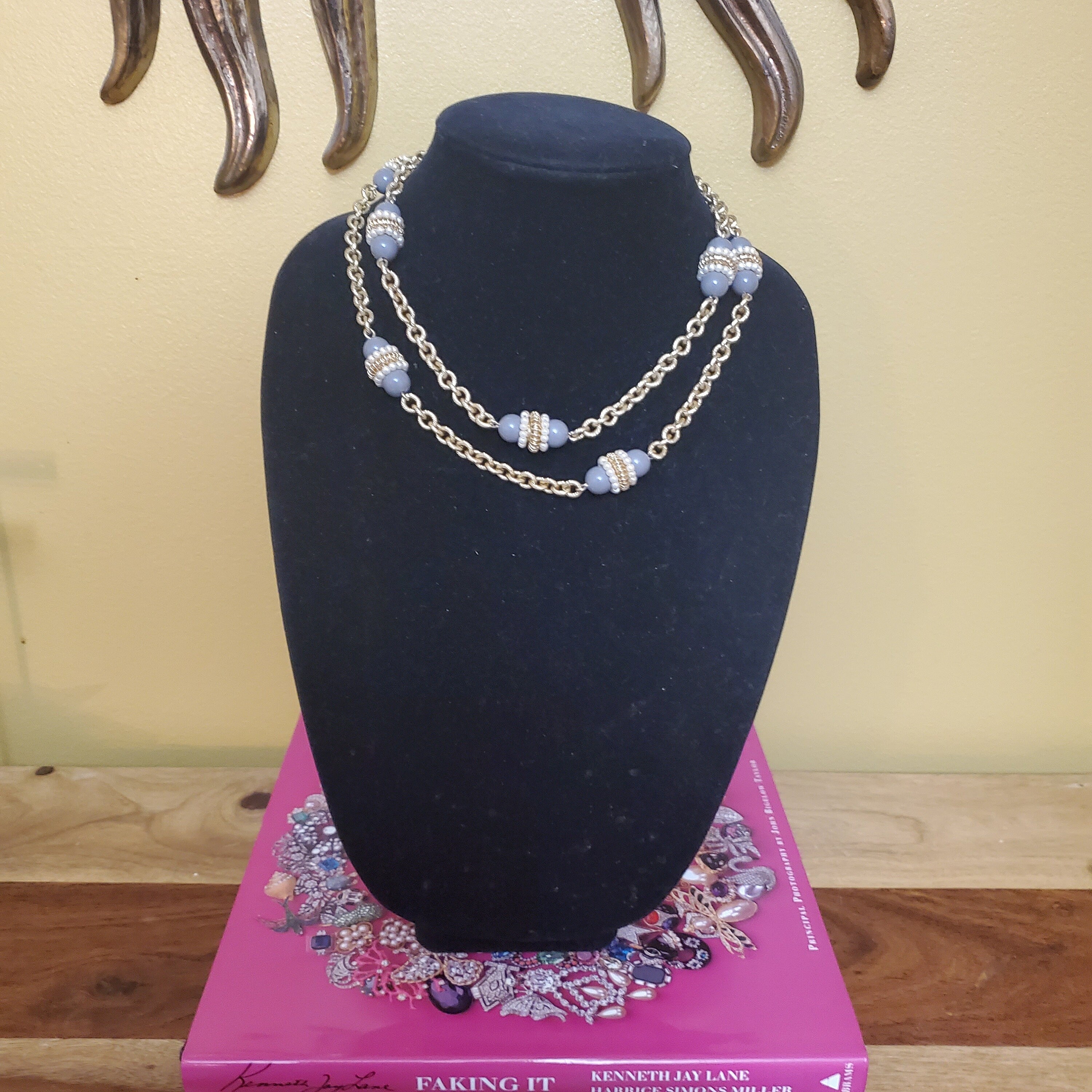 Beautiful 36" Seed Pearl Grey Bead Gold Plated Chunky Cable Link Chain By J Crew