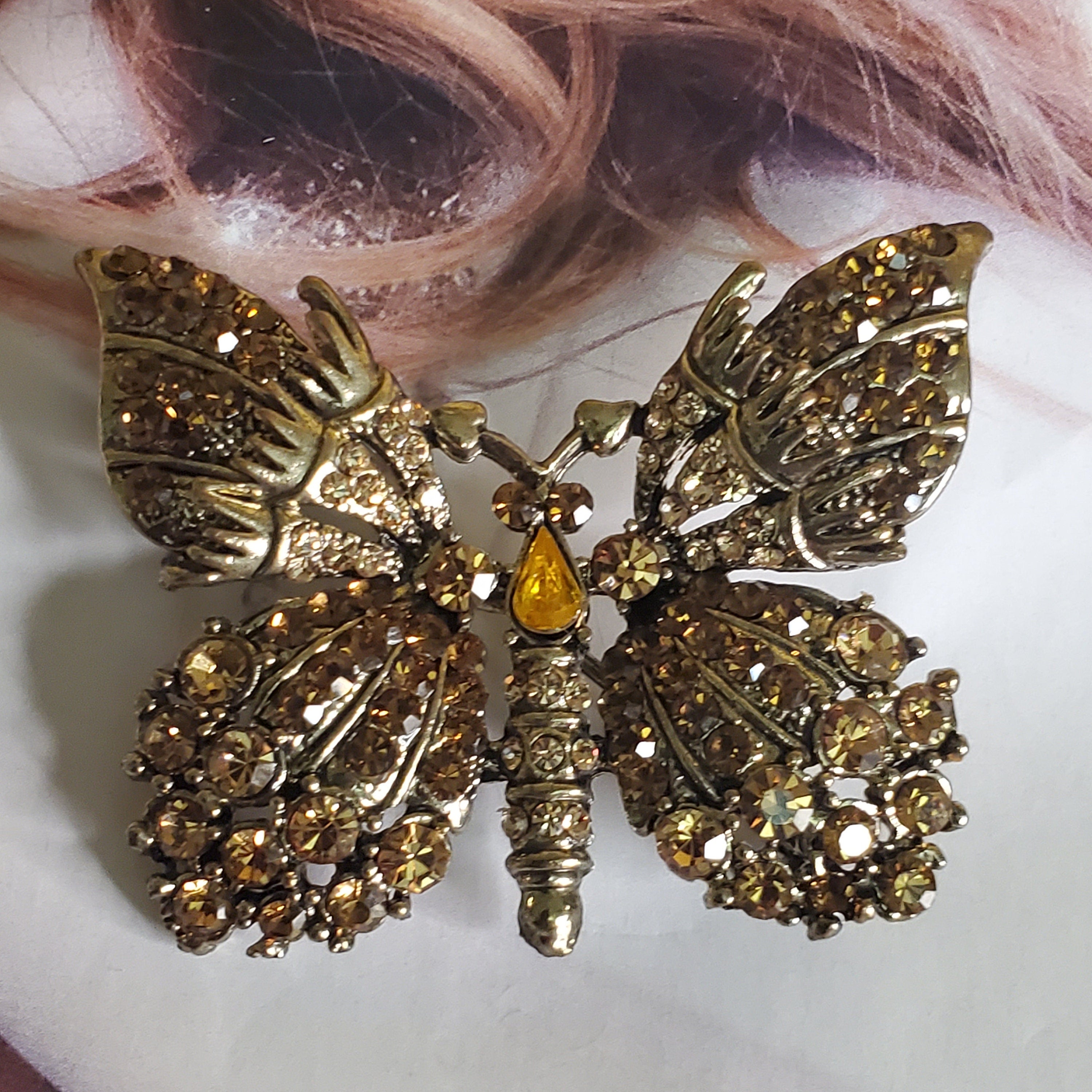 Gorgeous Amber Orange Rhinestone Antique Gold Butterfly Brooch, Topaz Citrine Root Beer Rhinestone, D&E Juliana?
