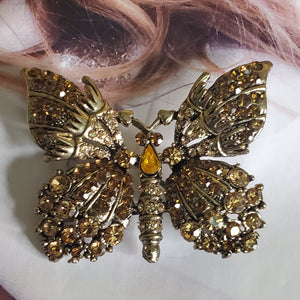 Gorgeous Amber Orange Rhinestone Antique Gold Butterfly Brooch, Topaz Citrine Root Beer Rhinestone, D&E Juliana?