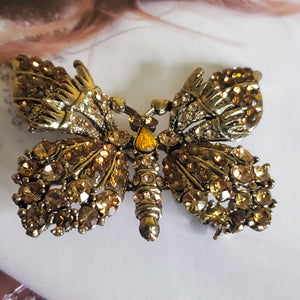 Gorgeous Amber Orange Rhinestone Antique Gold Butterfly Brooch, Topaz Citrine Root Beer Rhinestone, D&E Juliana?