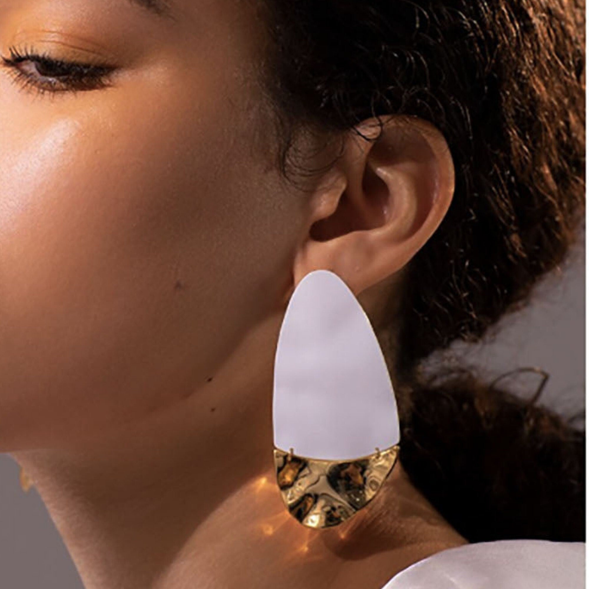 White Enamel Yellow Gold Plated Drop Dangle Earrings Street Style, Summer Spring Earrings