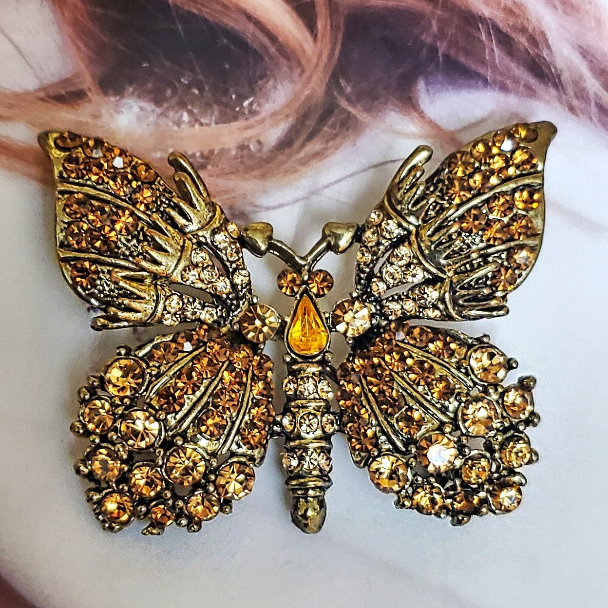 Gorgeous Amber Orange Rhinestone Antique Gold Butterfly Brooch, Topaz Citrine Root Beer Rhinestone, D&E Juliana?