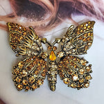 Gorgeous Amber Orange Rhinestone Antique Gold Butterfly Brooch, Topaz Citrine Root Beer Rhinestone, D&E Juliana?