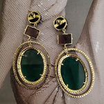 18K Yellow Gold Plated Sparkling Faceted Green Emerald Stone Bridal Earrings, Bridal Earrings, Couture