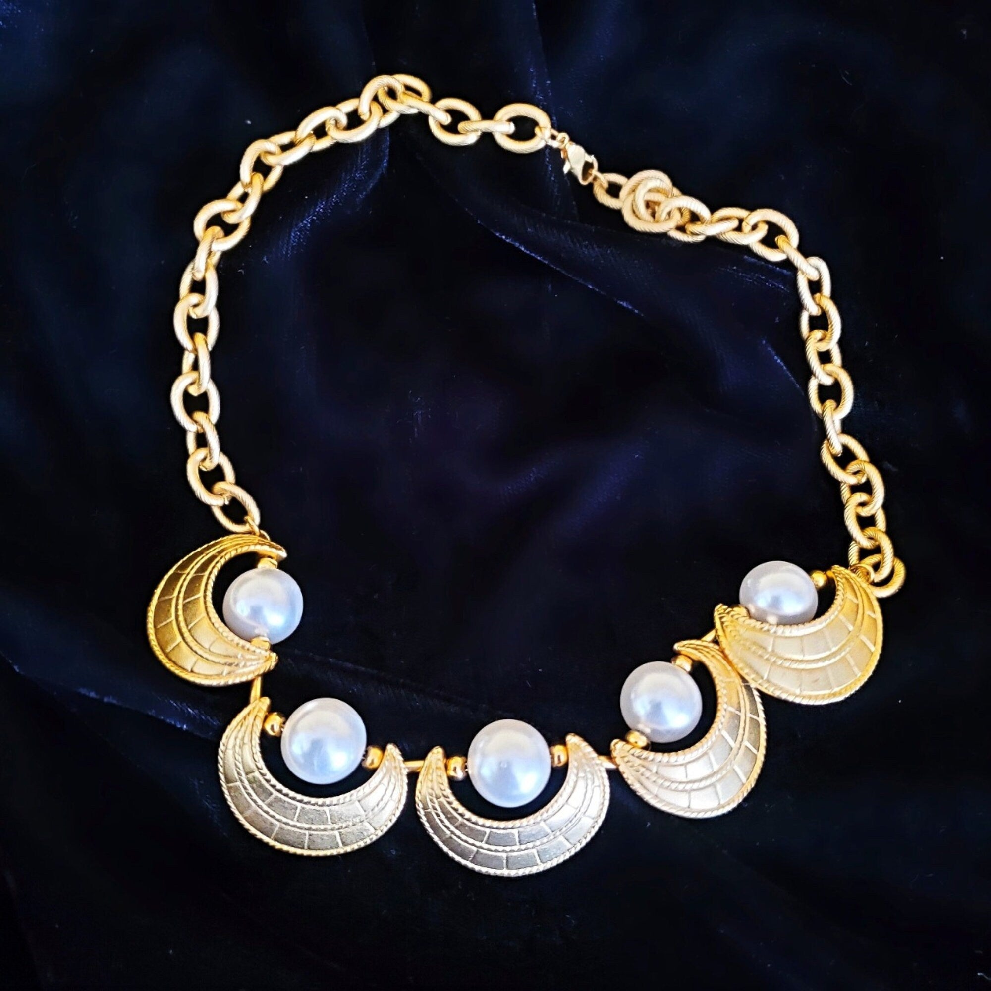 Etruscan Revival Pearl Gold Plated Link Chain Necklace