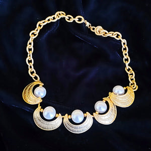 Etruscan Revival Pearl Gold Plated Link Chain Necklace