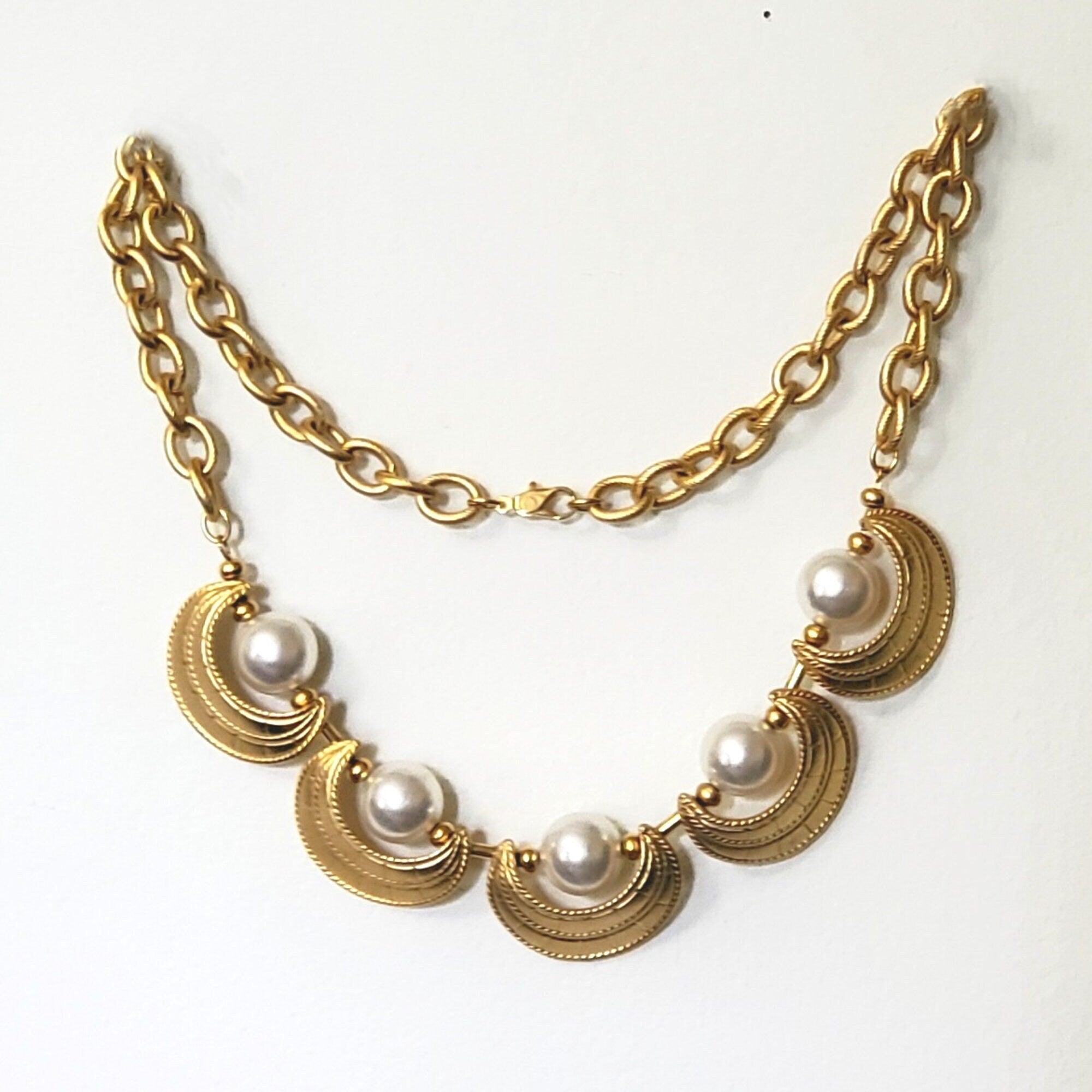 Etruscan Revival Pearl Gold Plated Link Chain Necklace