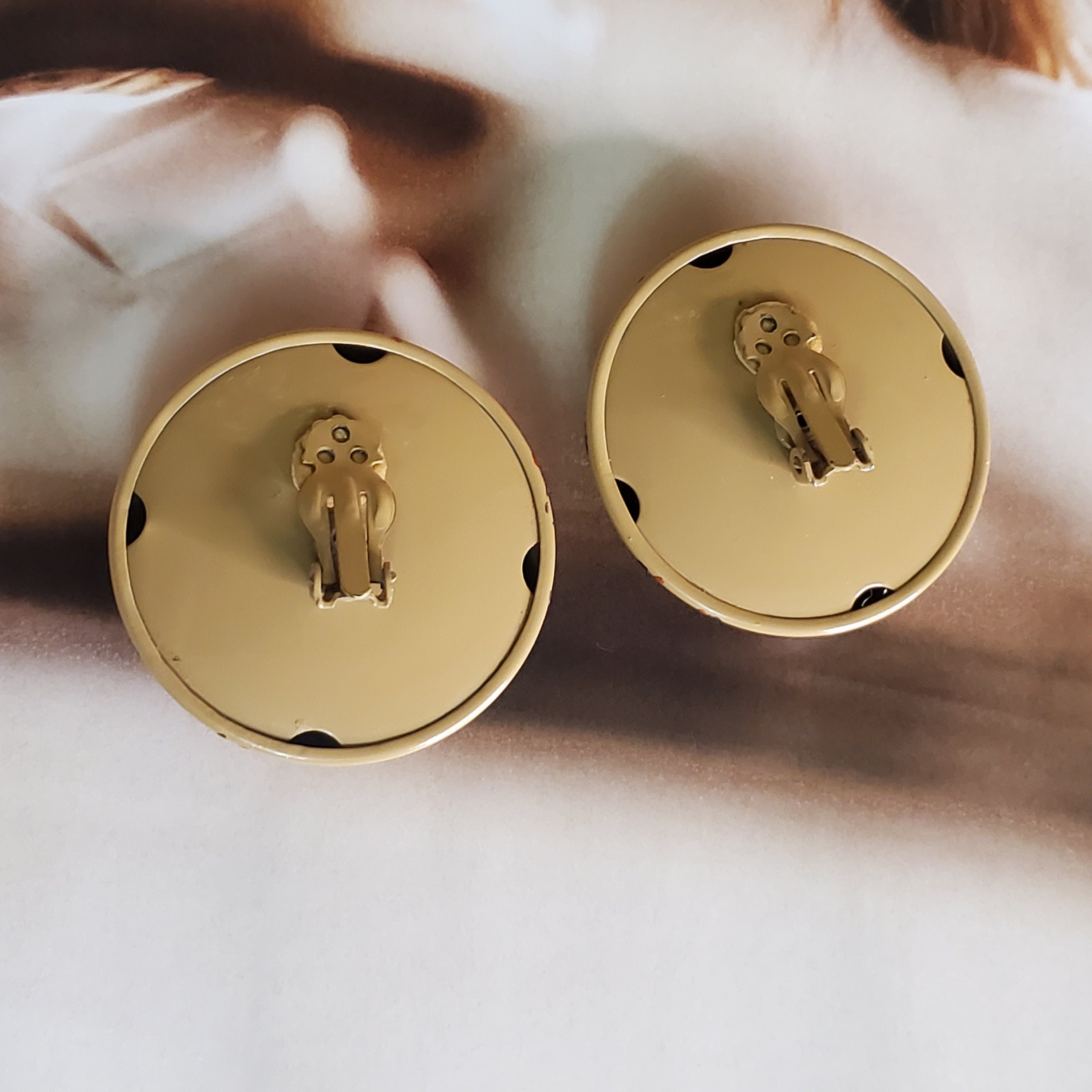 Statement Large Handpainted Diamond Design Gold Nude Clip On Earrings