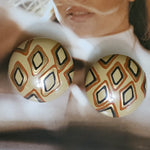 Statement Large Handpainted Diamond Design Gold Nude Clip On Earrings