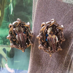 BLUE SCARAB Beetle Eyptian Revival Silvertone Clip On earrings, Beetle Egyptian Earrings
