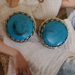 Large Faux Turquoise Silvertone Clip On Vintage Earrings